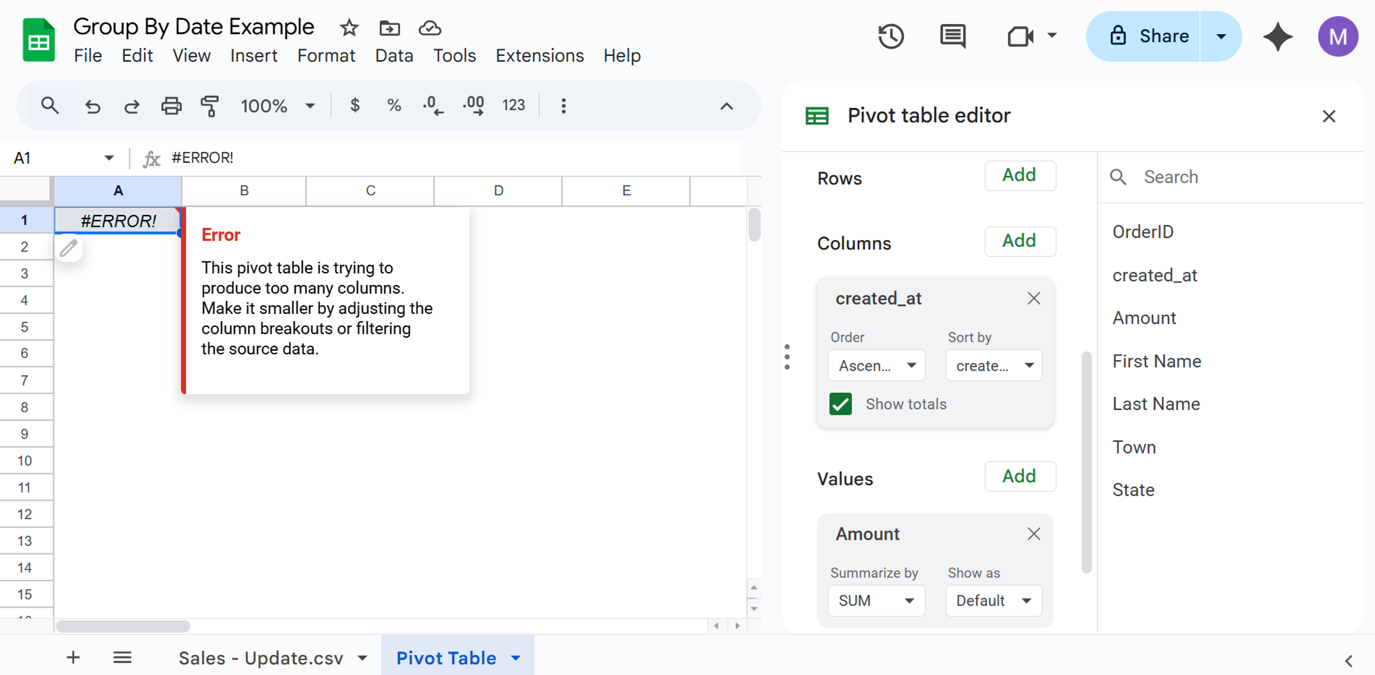 Google Sheets too many columns error