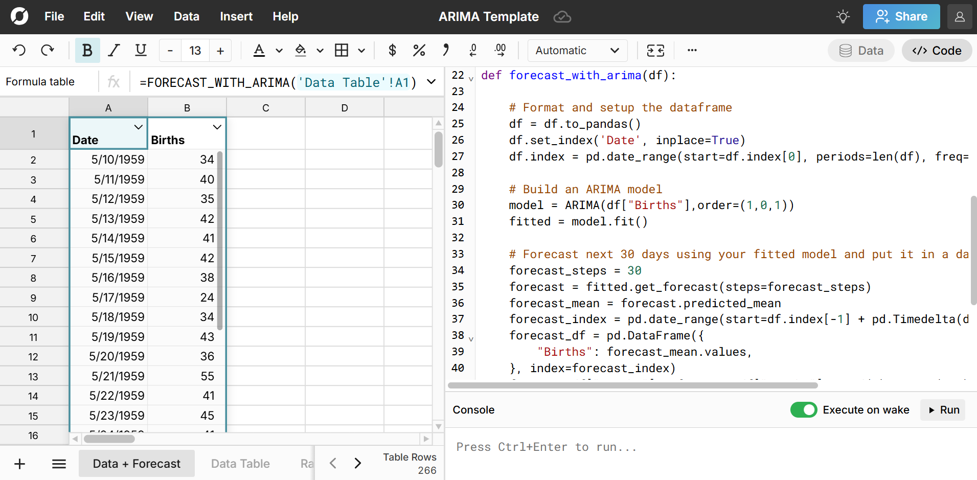 arima forecast in spreadsheet