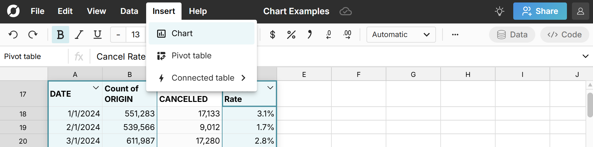 create chart in Row Zero