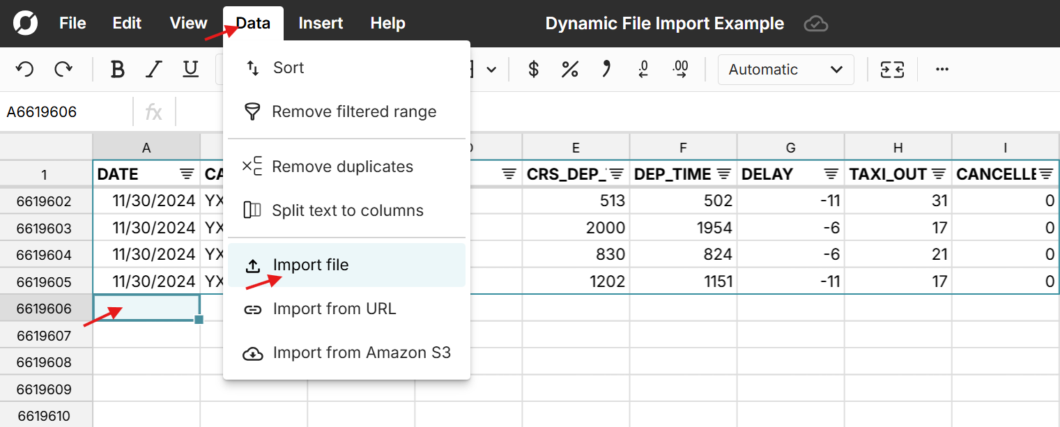 import csv to a specific cell to update spreadsheet