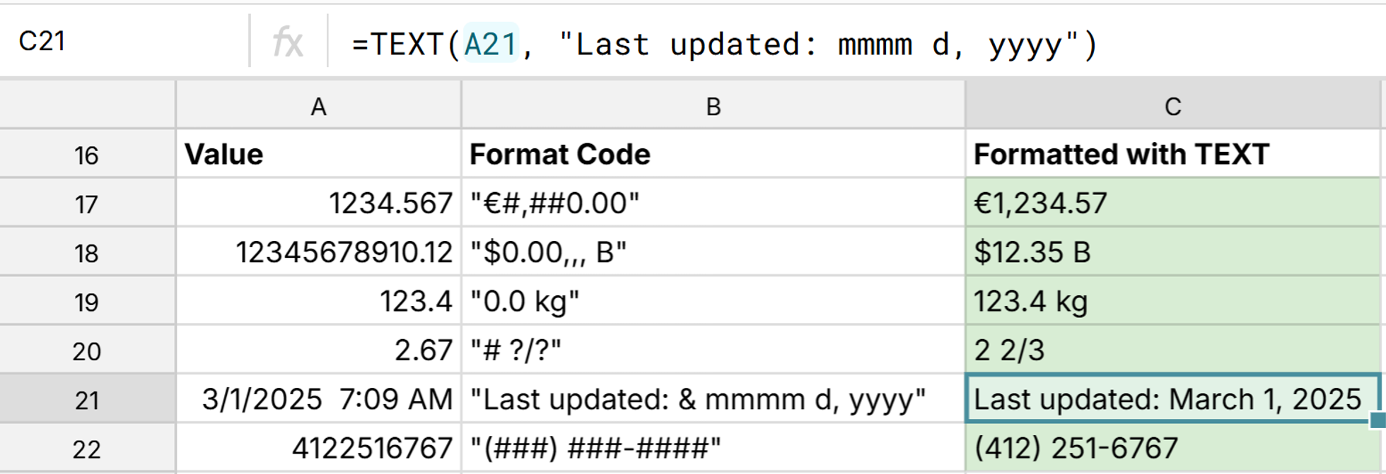 How to use TEXT function to custom format numbers and dates