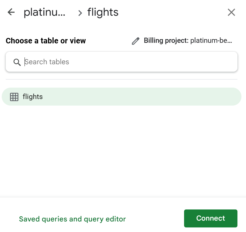 BigQuery data connection for google sheets