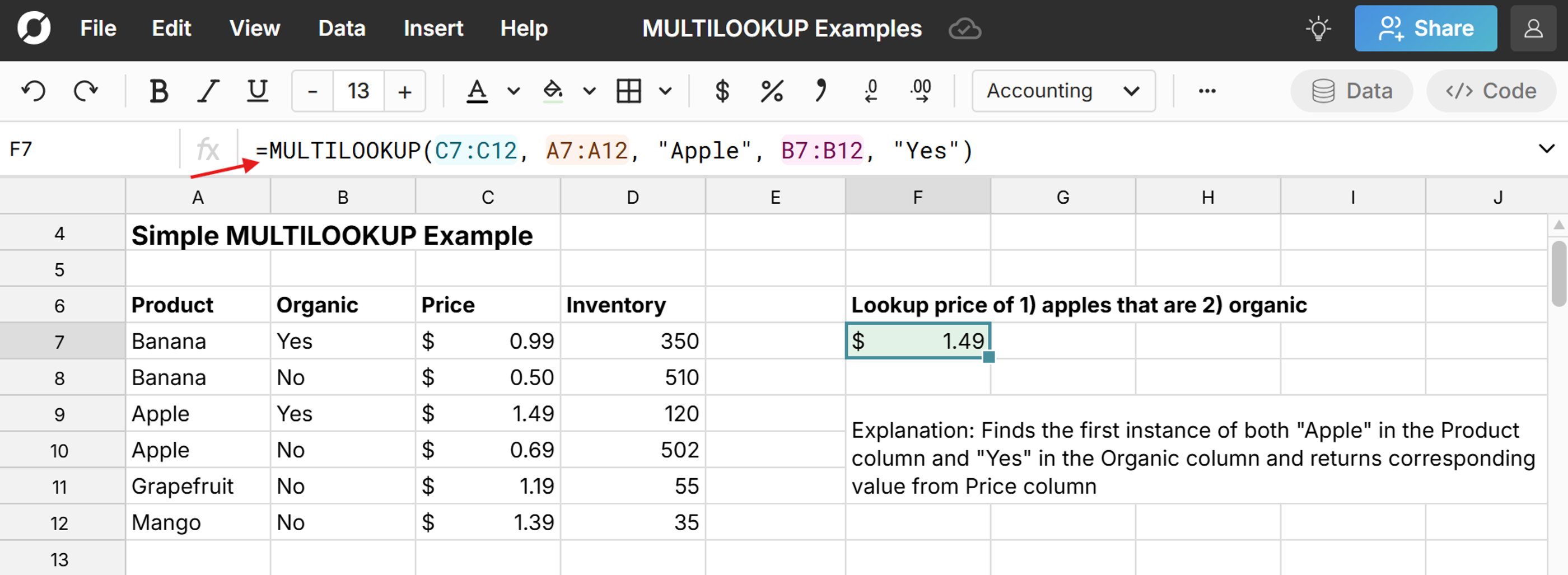 example MULTILOOKUP that uses multiple criteria to lookup a value
