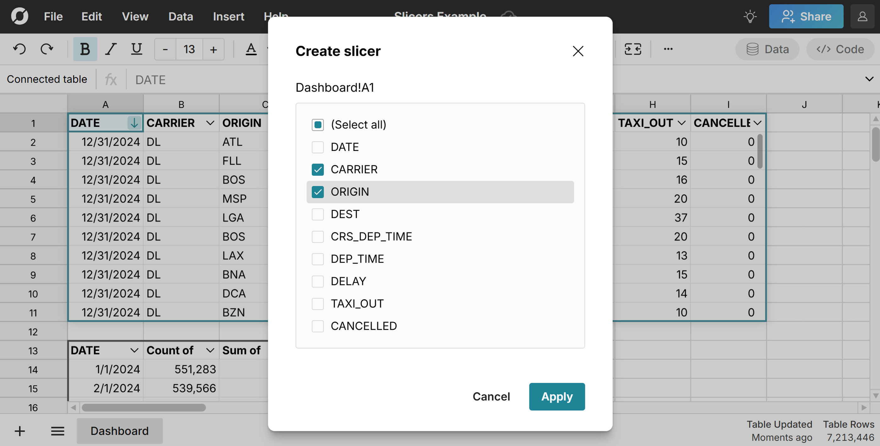 create multiple slicers in spreadsheet 