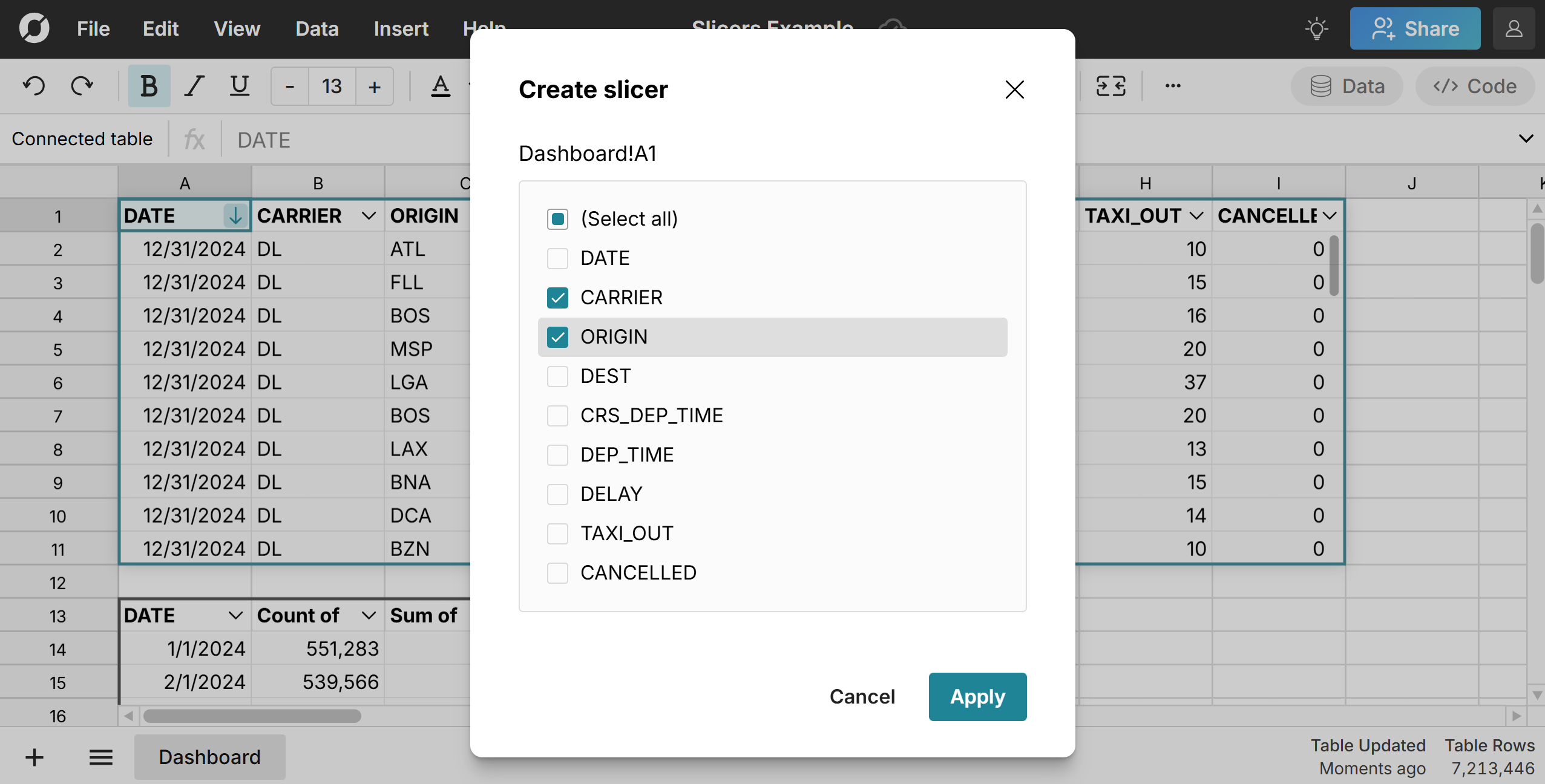 create multiple slicers in spreadsheet