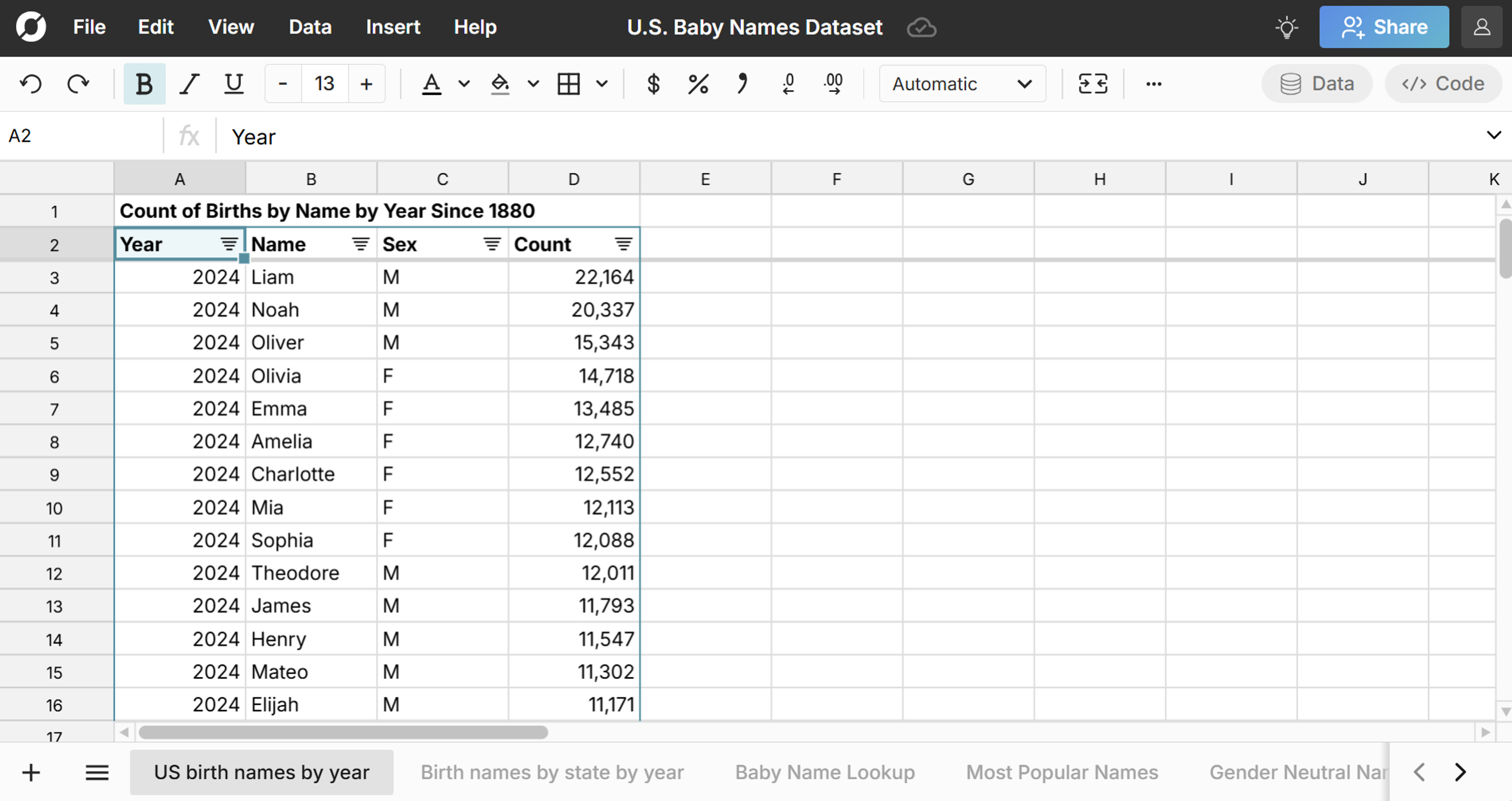 lookup U.S. baby names by year in a spreadsheet