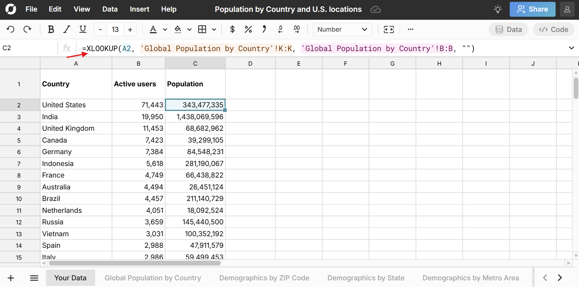 look up population in a spreadsheet