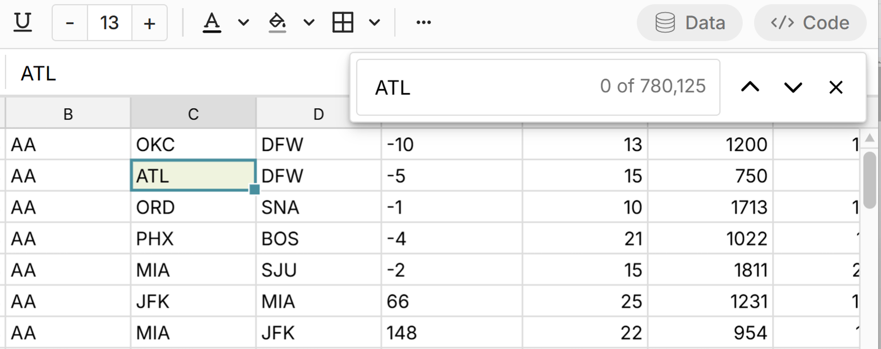 CTRL + F to search and find values in a big CVS