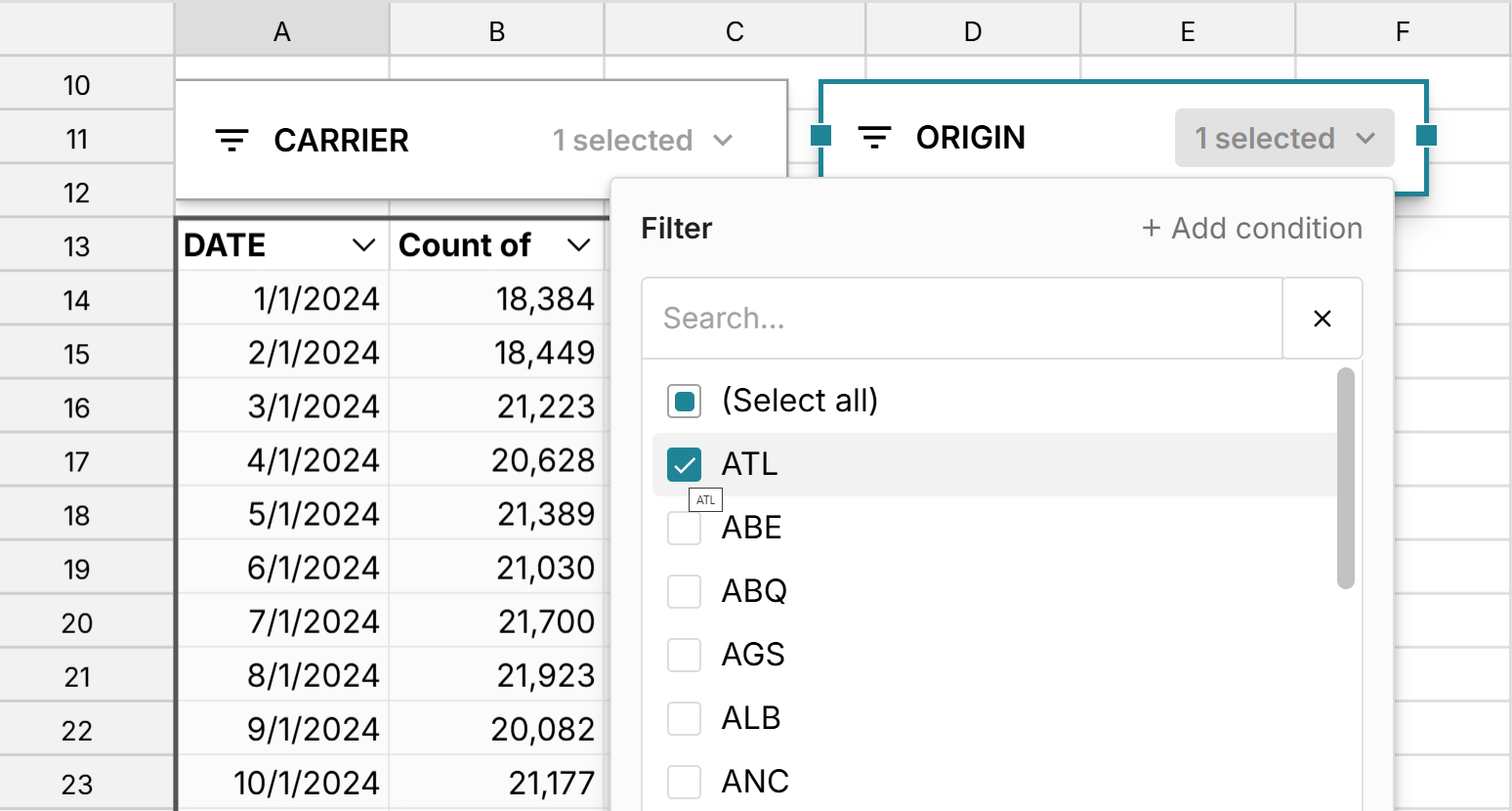 filter slicer in spreadsheet