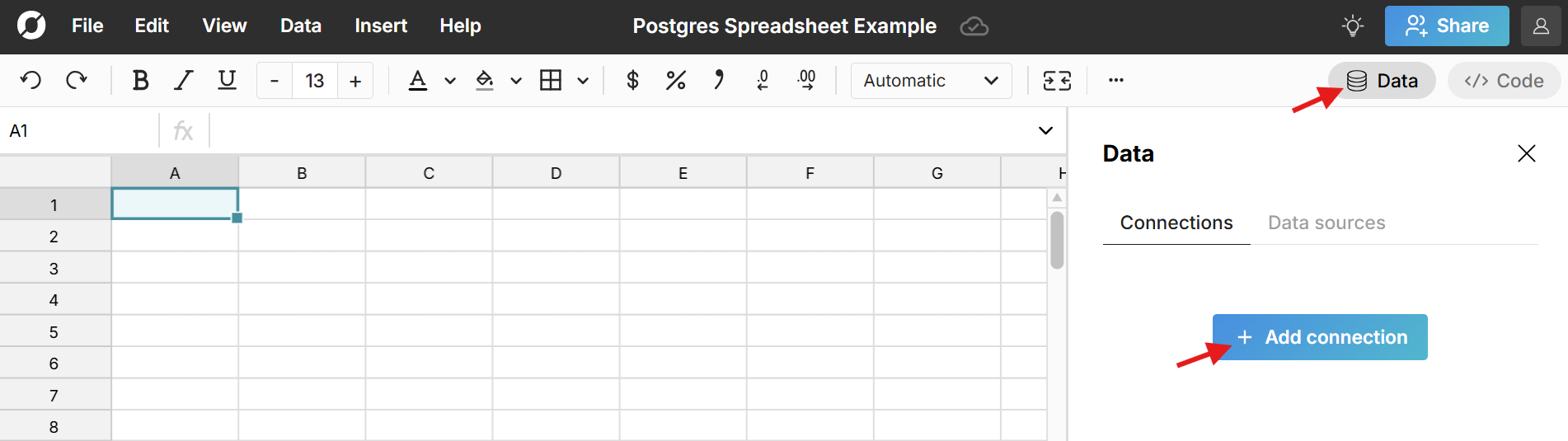connect spreadsheet to postgres