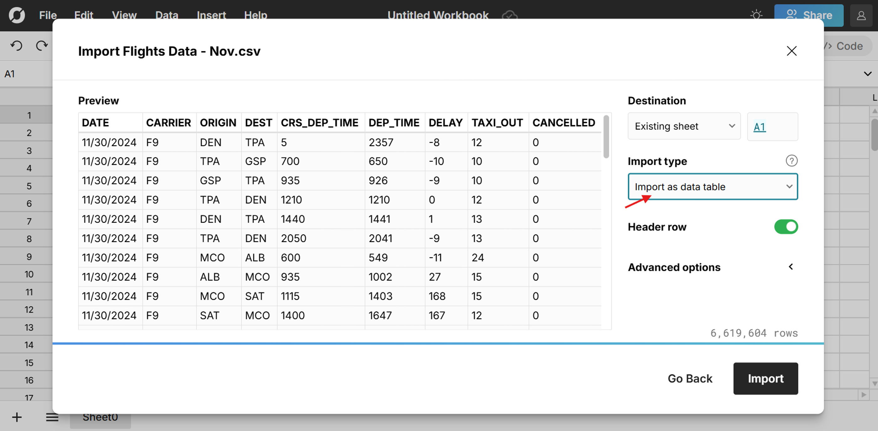 import csv as data table in spreadsheet