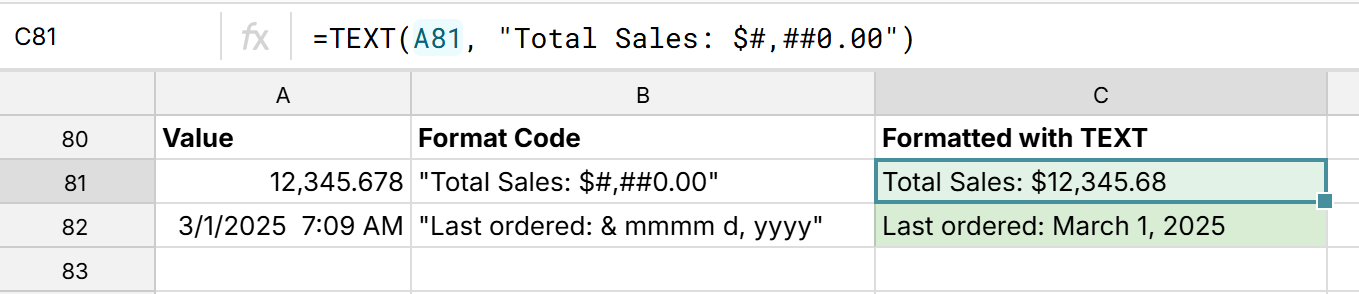 custom format numbers in text strings using TEXT function