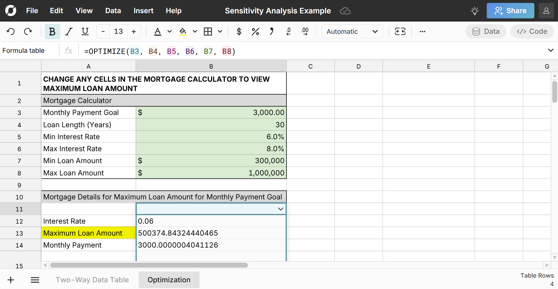 optimization solver in spreadsheet