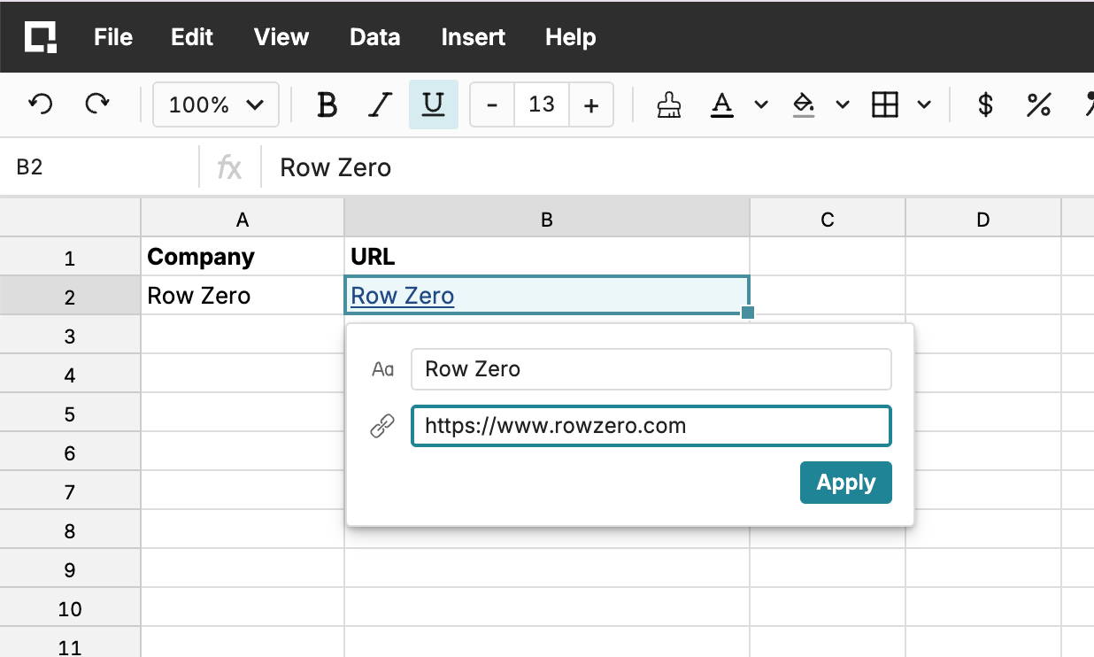 Add hyperlinks to Row Zero workbooks