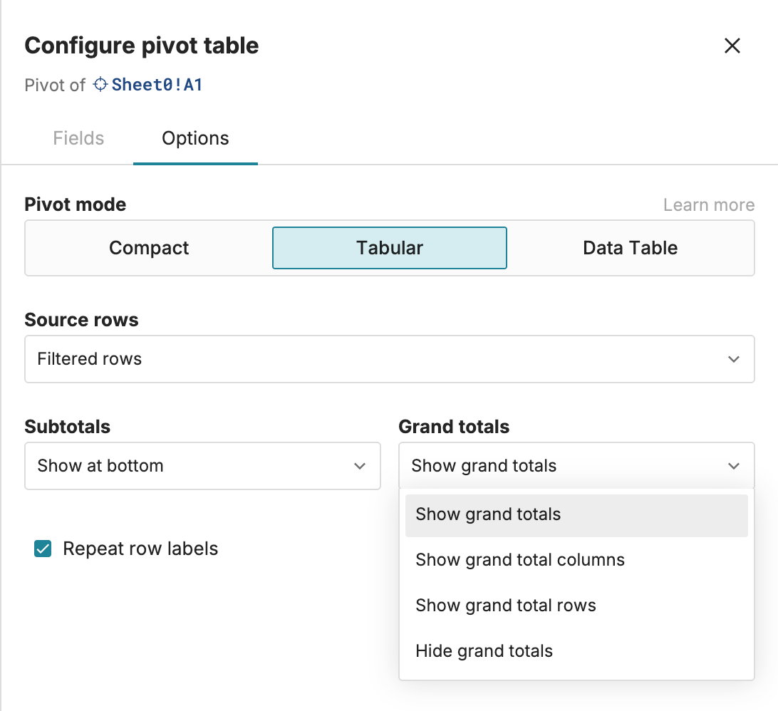 Tabular pivot table mode in Row Zero