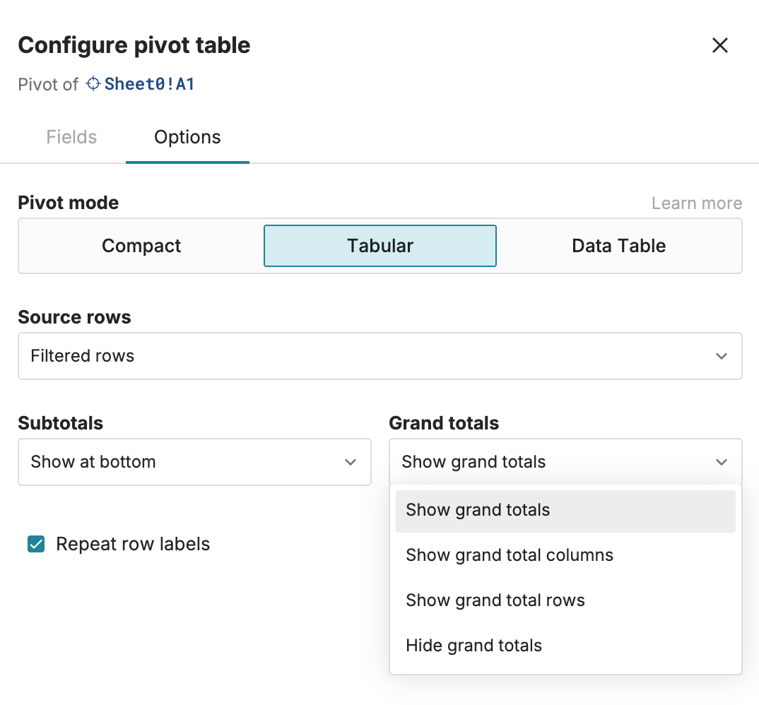 Tabular pivot table mode in Row Zero