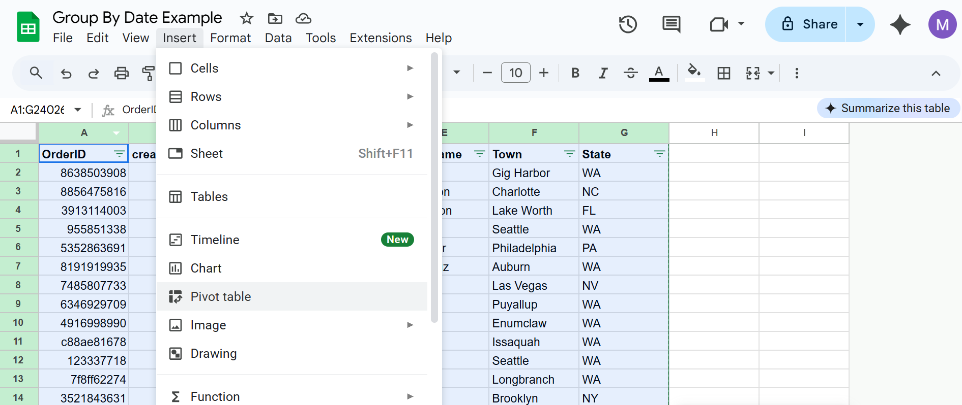 insert pivot table in Google Sheets