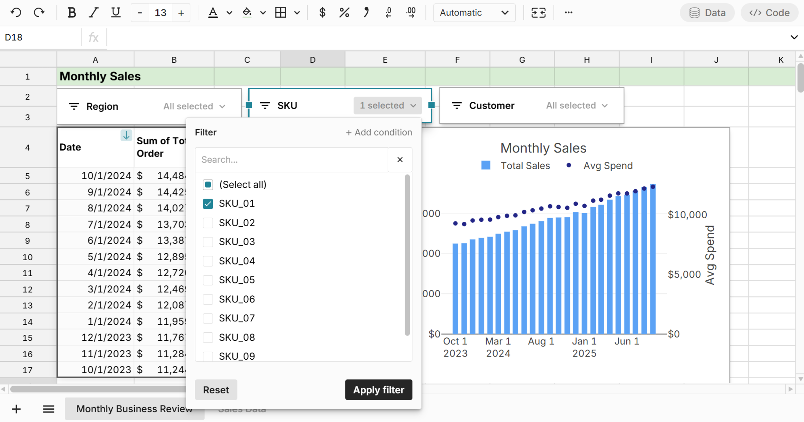 monthly sales slicer