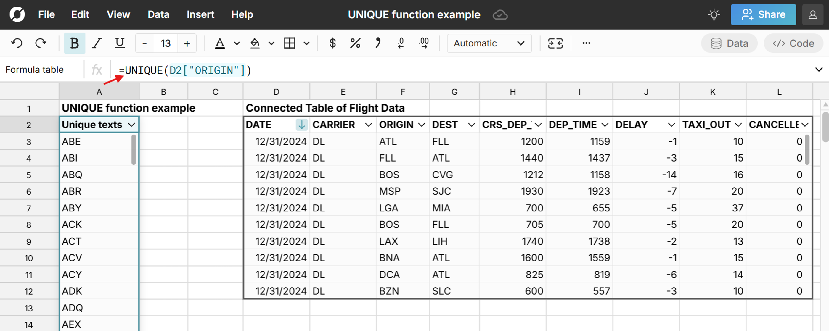 dynamic unique function in spreadsheet