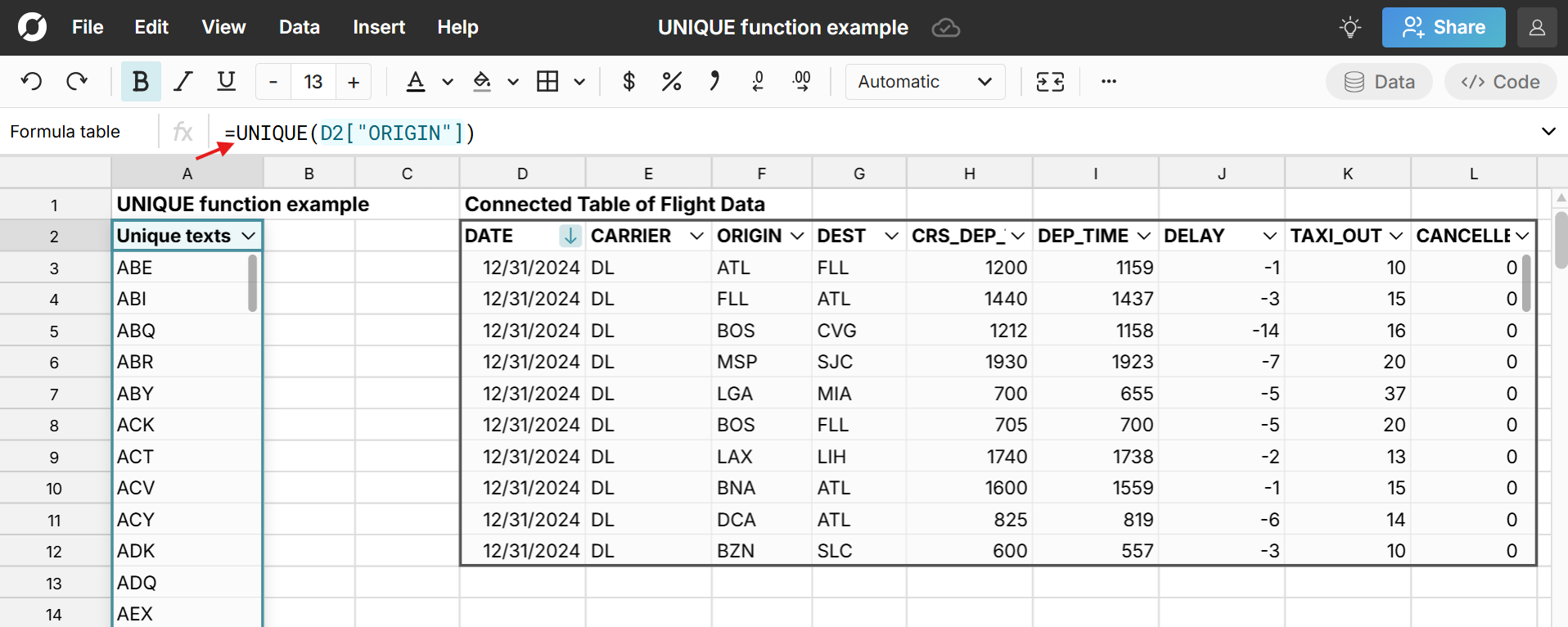 dynamic unique function in spreadsheet