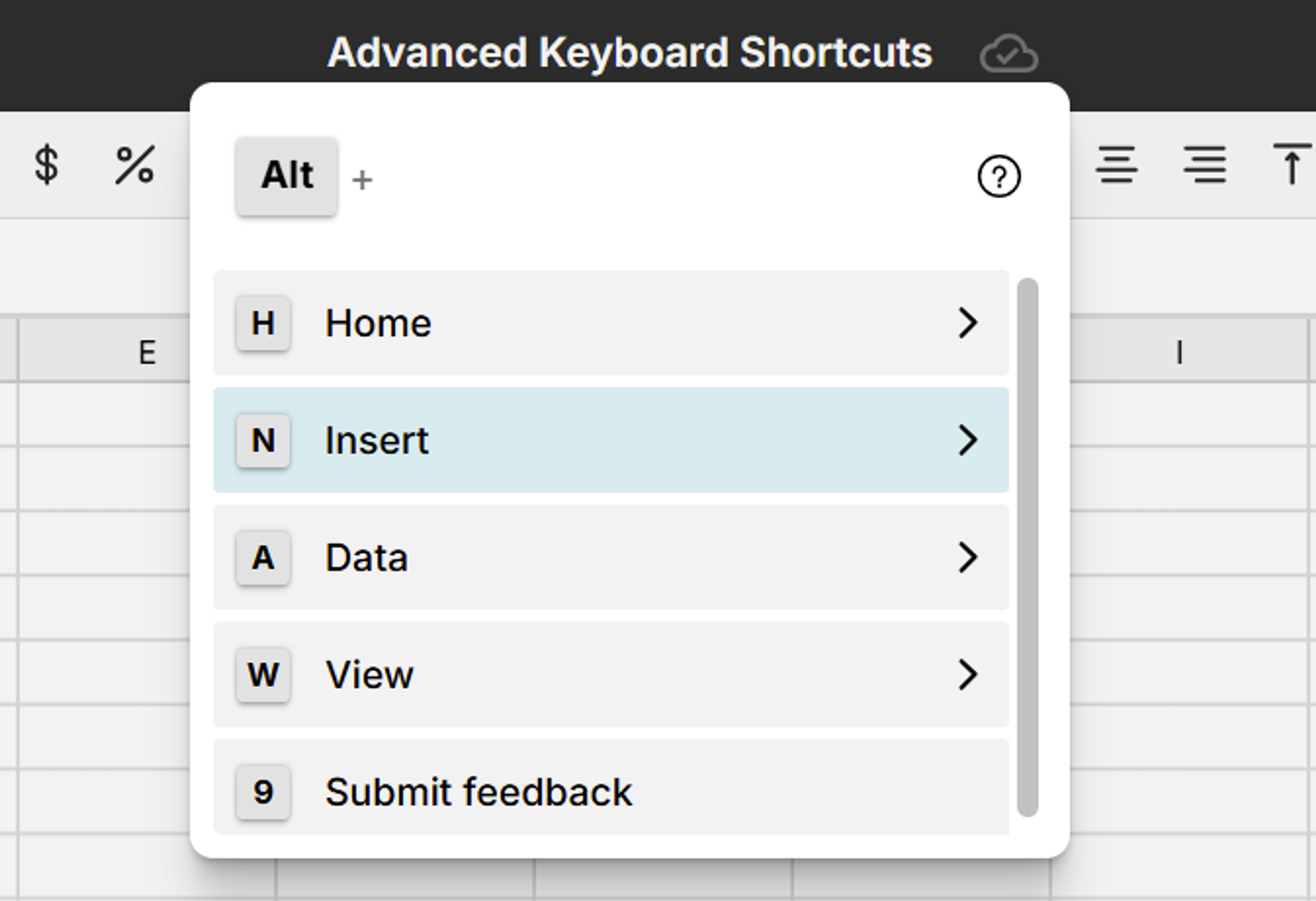 alt shortcuts in spreadsheet
