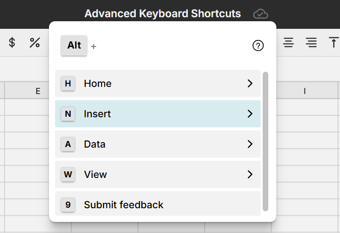 alt shortcuts in spreadsheet
