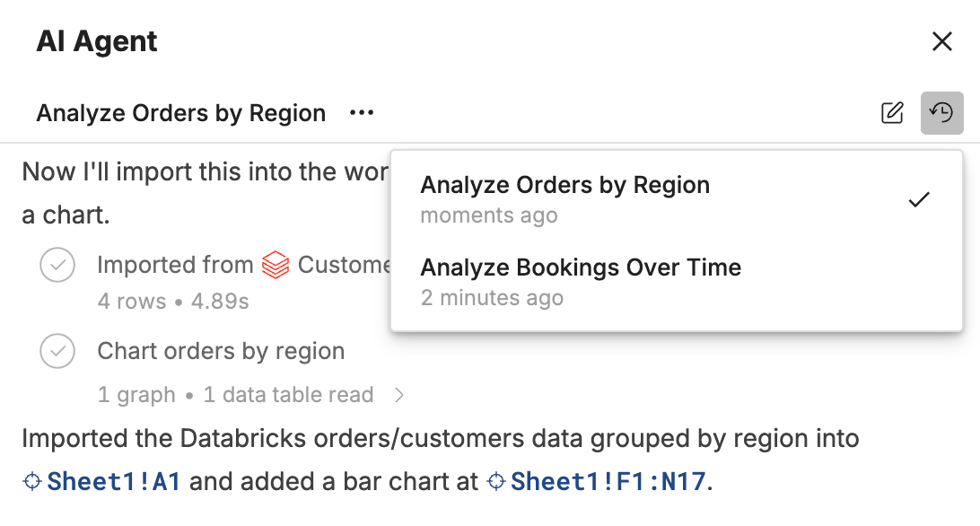 Use threads to save and run multiple AI chat conversations in the same workbook.