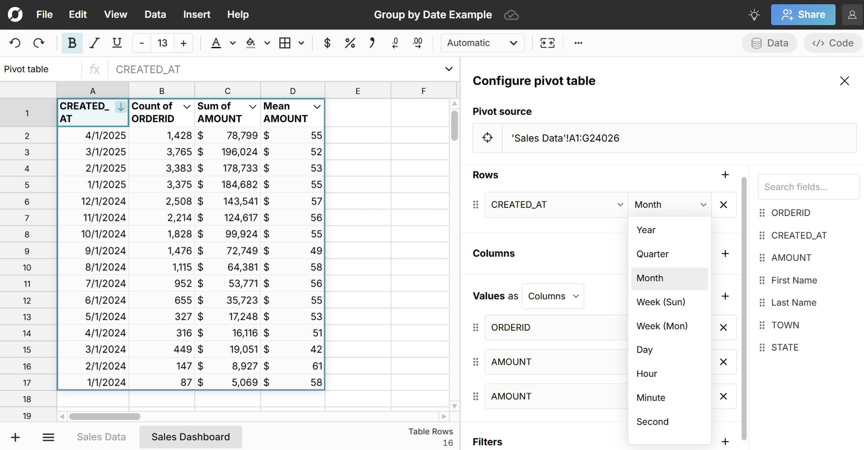 pivot table group by month