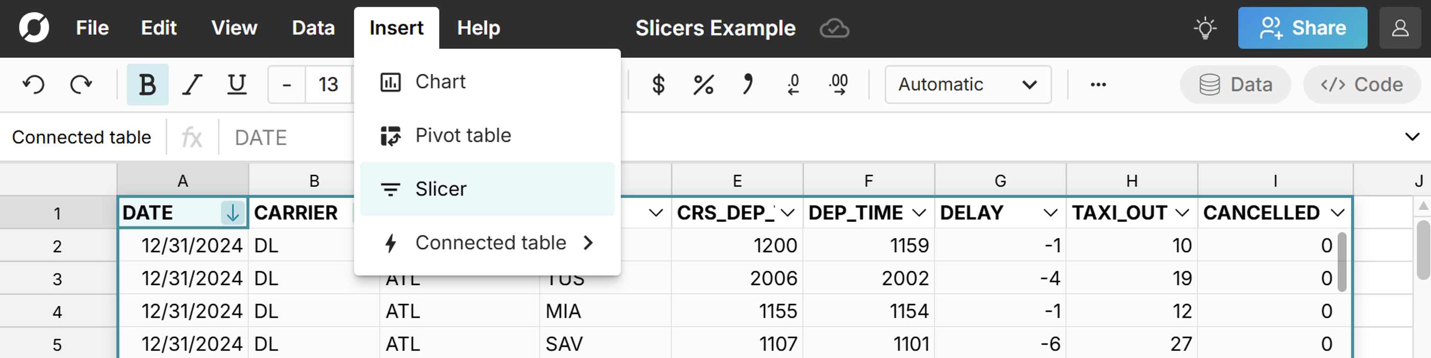 add slicer in spreadsheet 