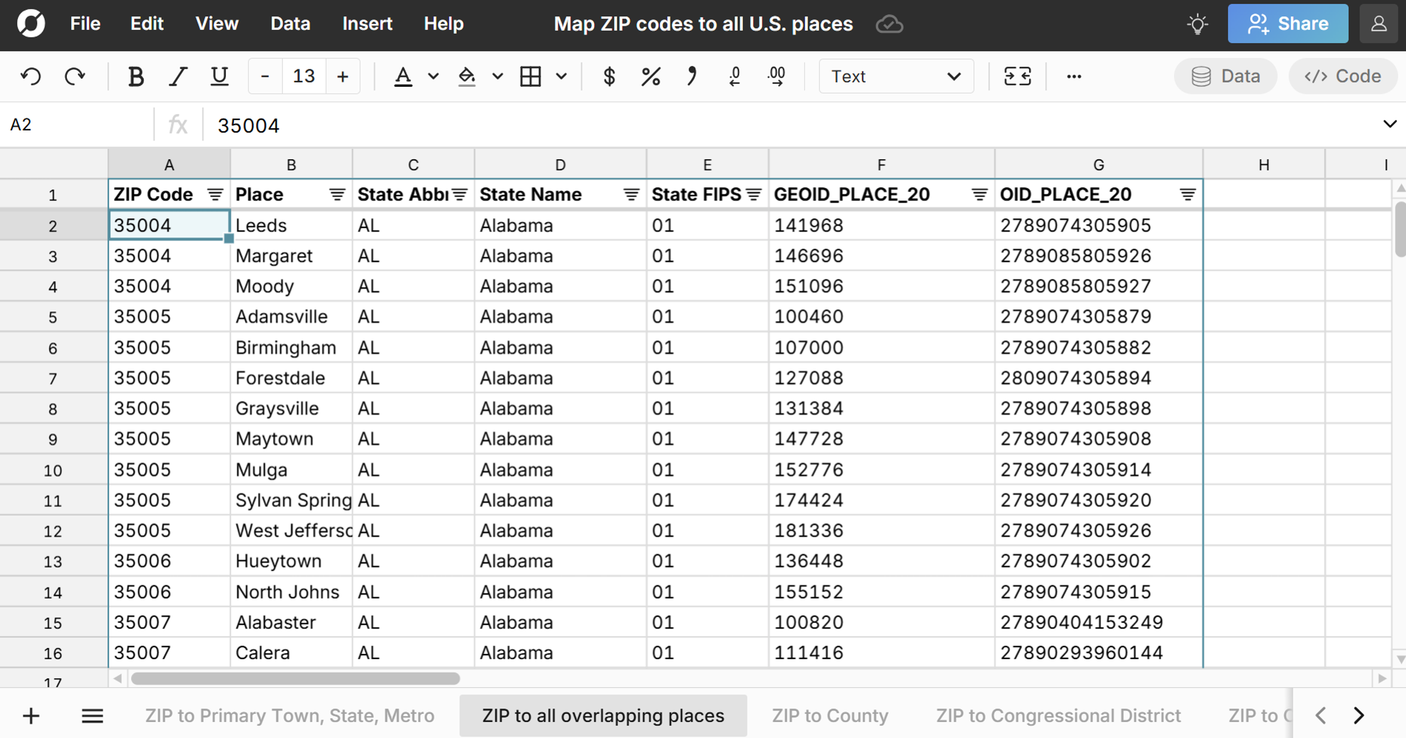 zip code to places crosswalk in spreadsheet