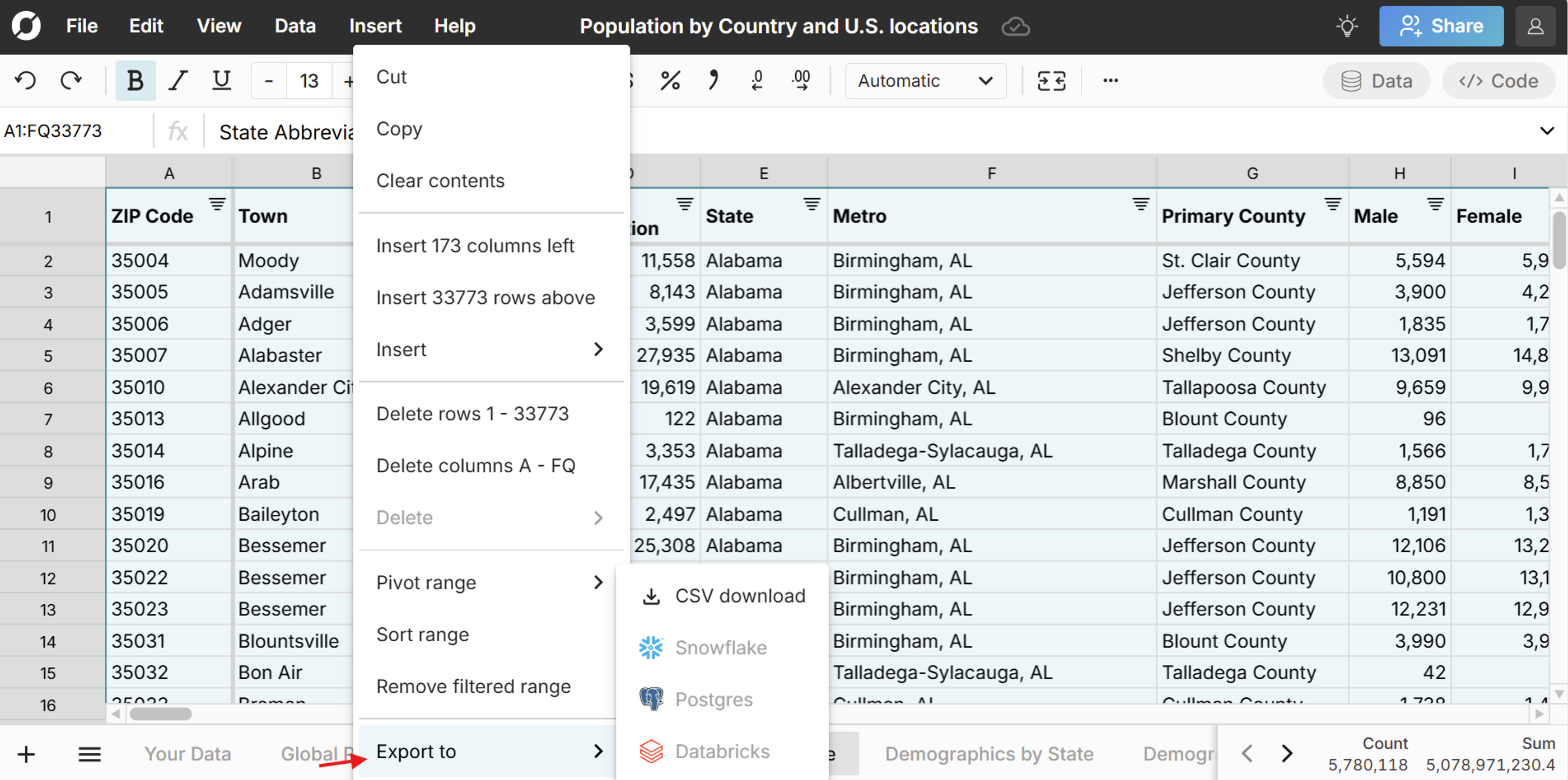 import population data to your database or data warehouse