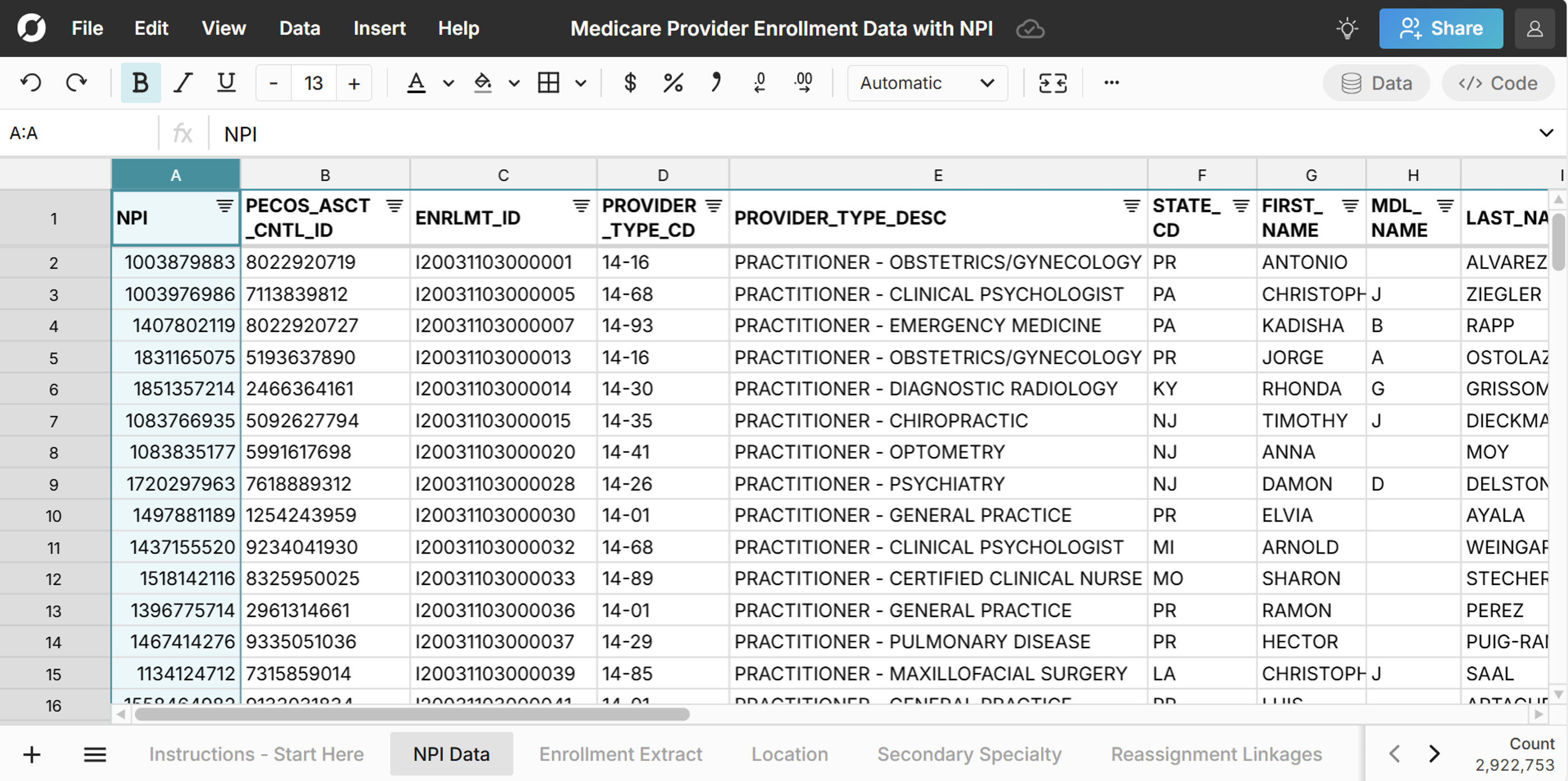 npi data in a spreadsheet