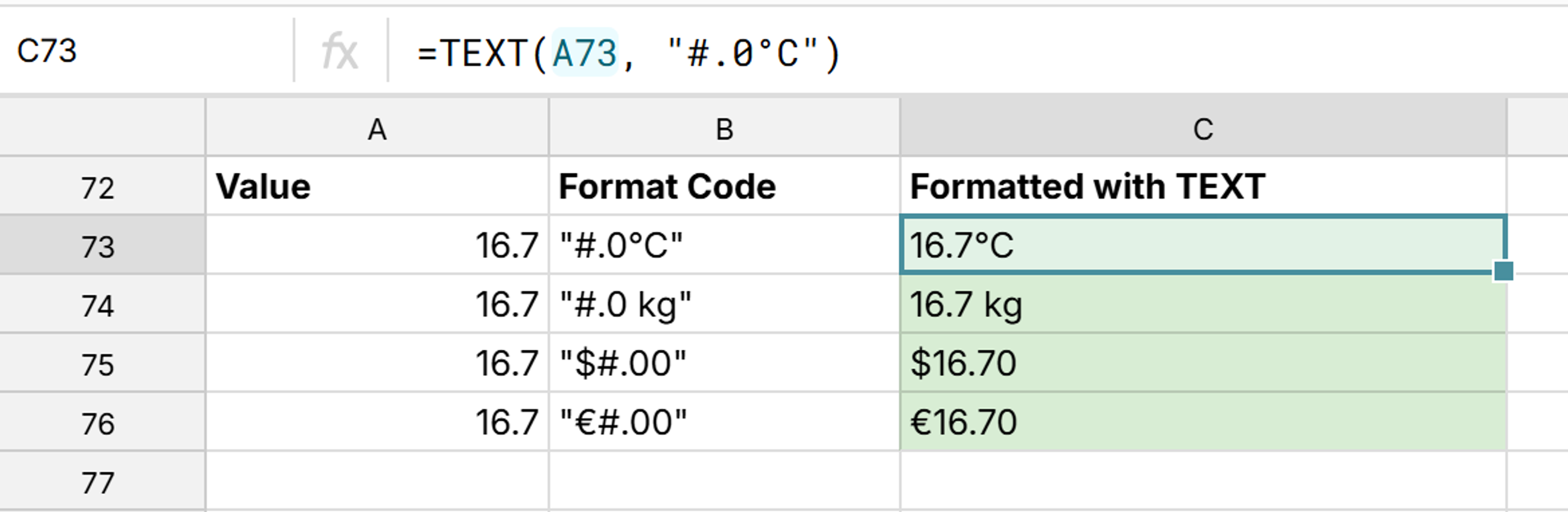 custom format numbers with units using TEXT function