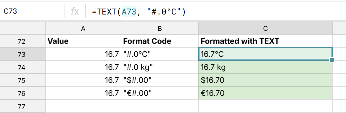 custom format numbers with units using TEXT function