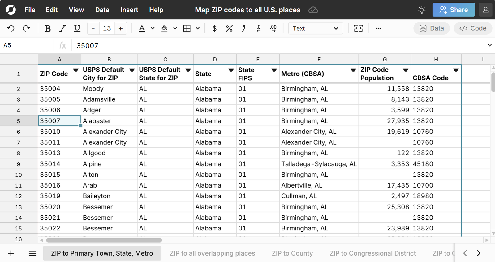 ZIP Code to Places - Town, State, County in a Spreadsheet