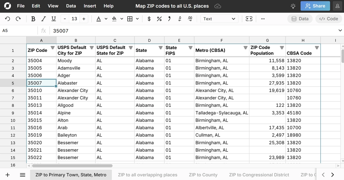 Zip Code Sheet ZIP Code to Places - Town, State, County in a Spreadsheet - Row Zero ...