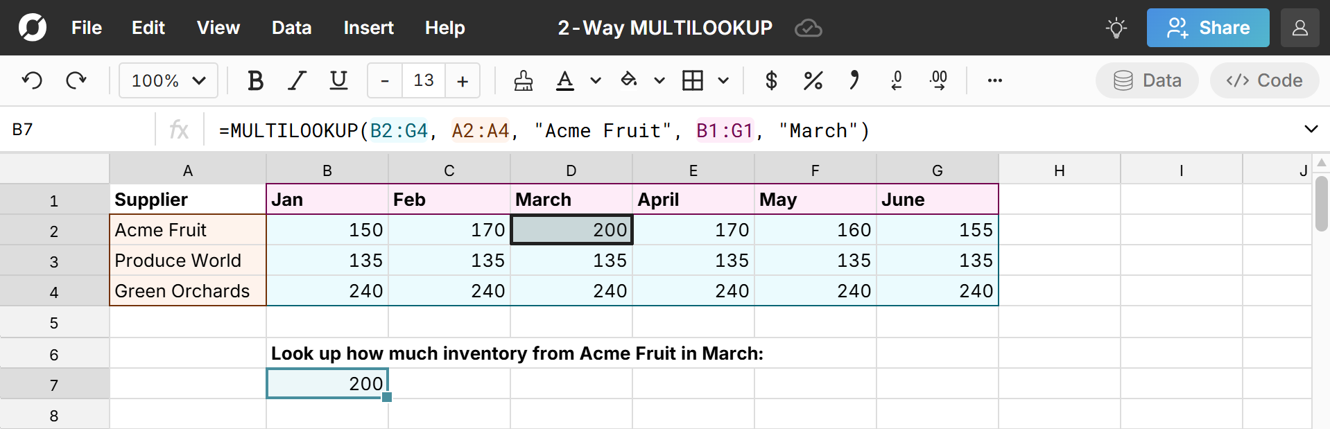 lookup value by row and column in spreadsheet