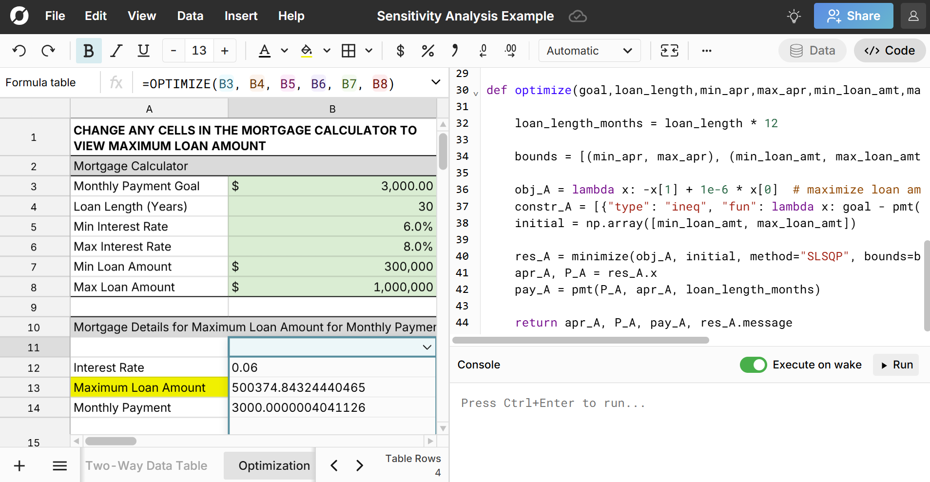 python optimization in spreadsheet