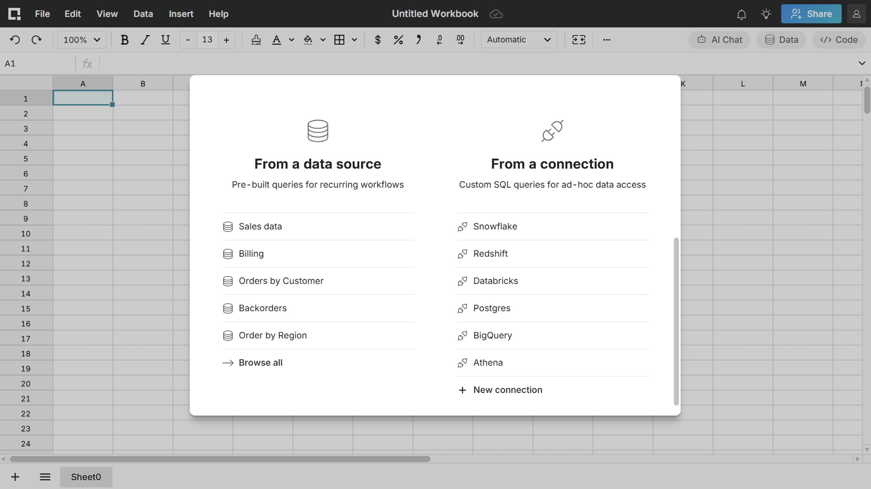 Connect to data in spreadsheet