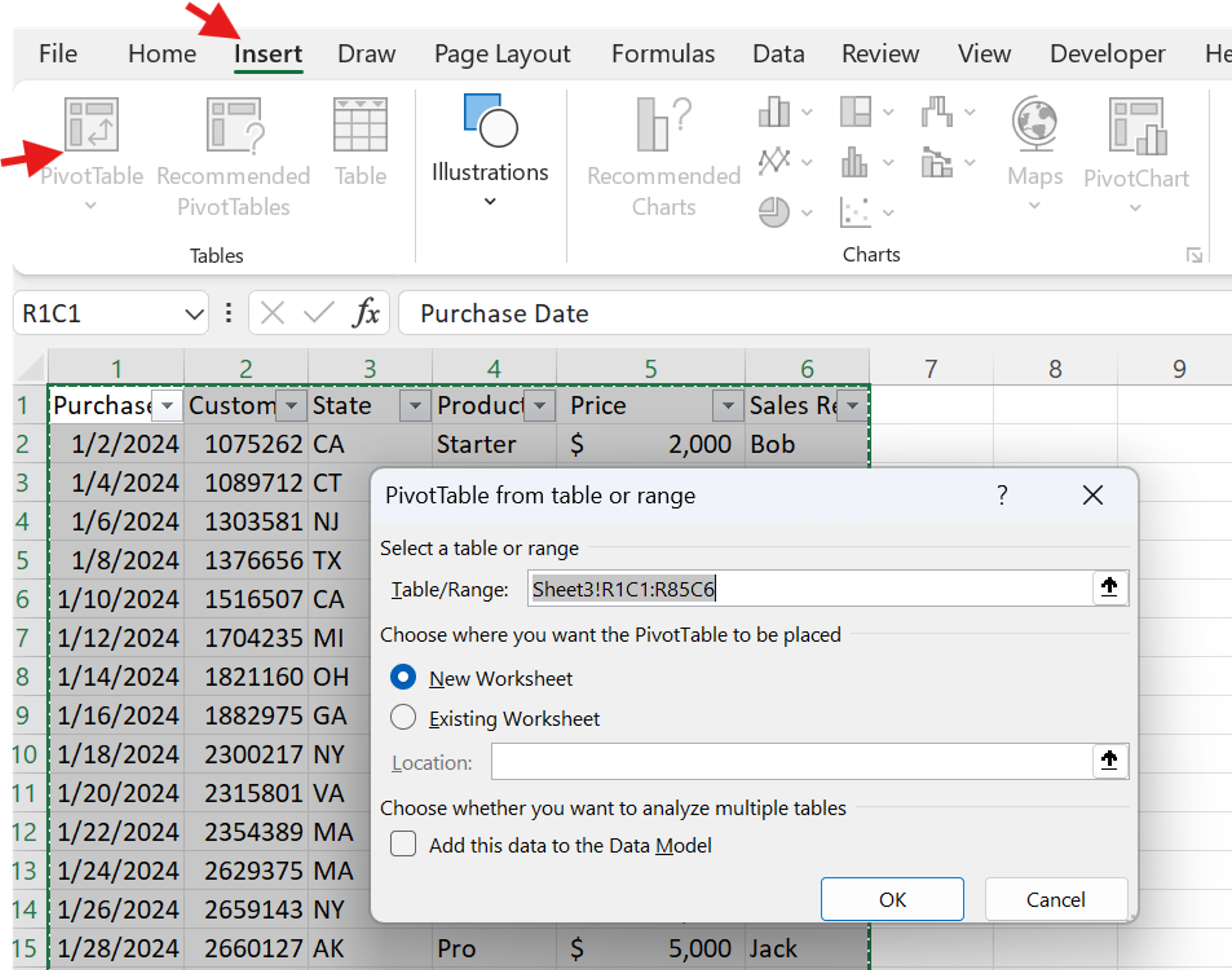 excel insert pivot table