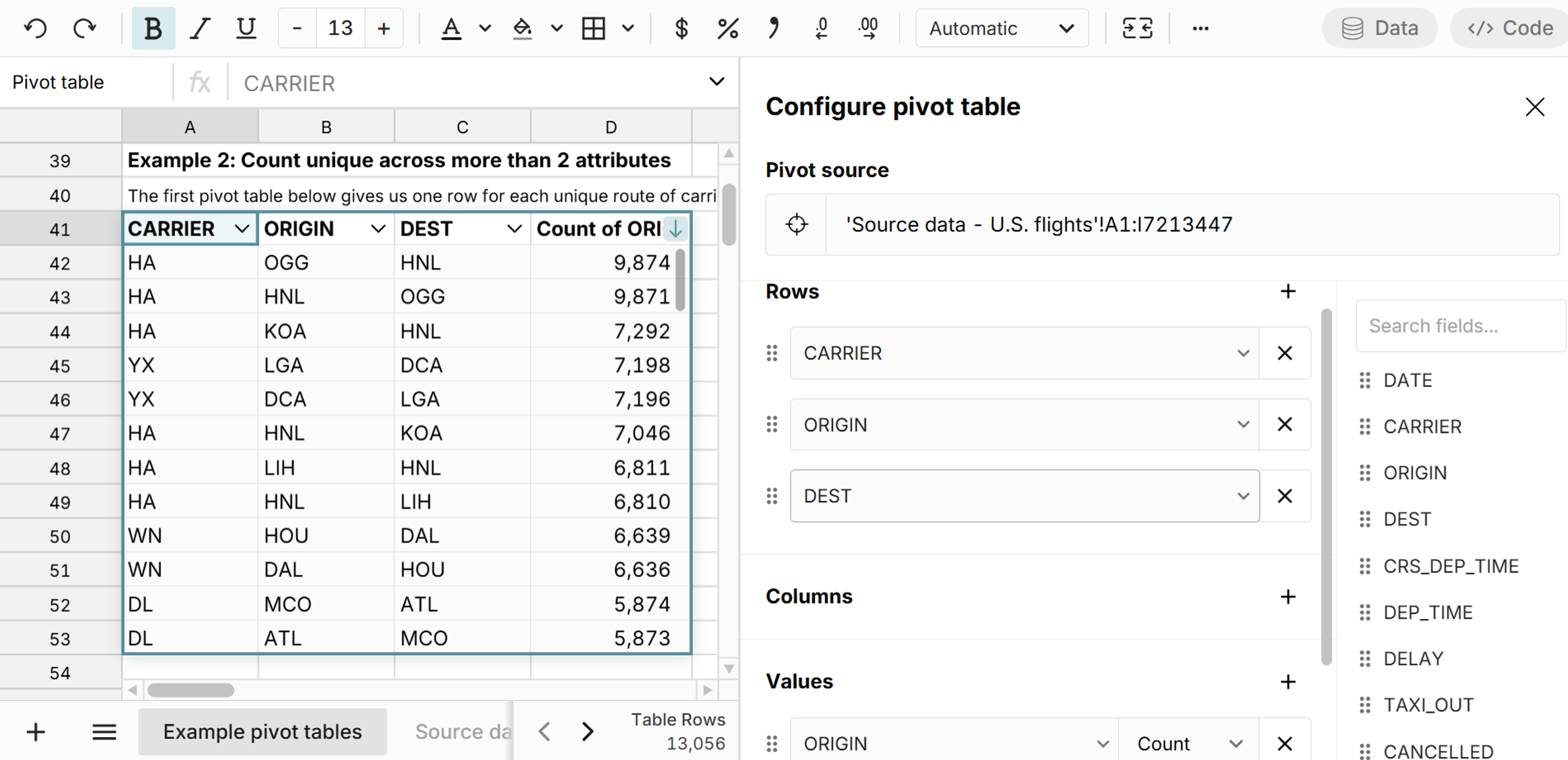 create source pivot table in spreadsheet