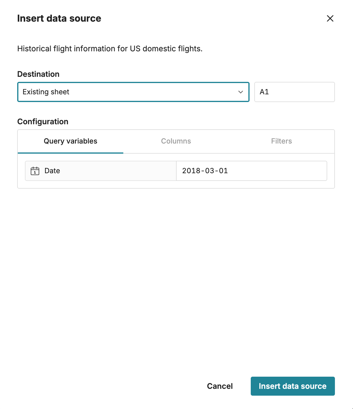 create spreadsheet from data source with query variable
