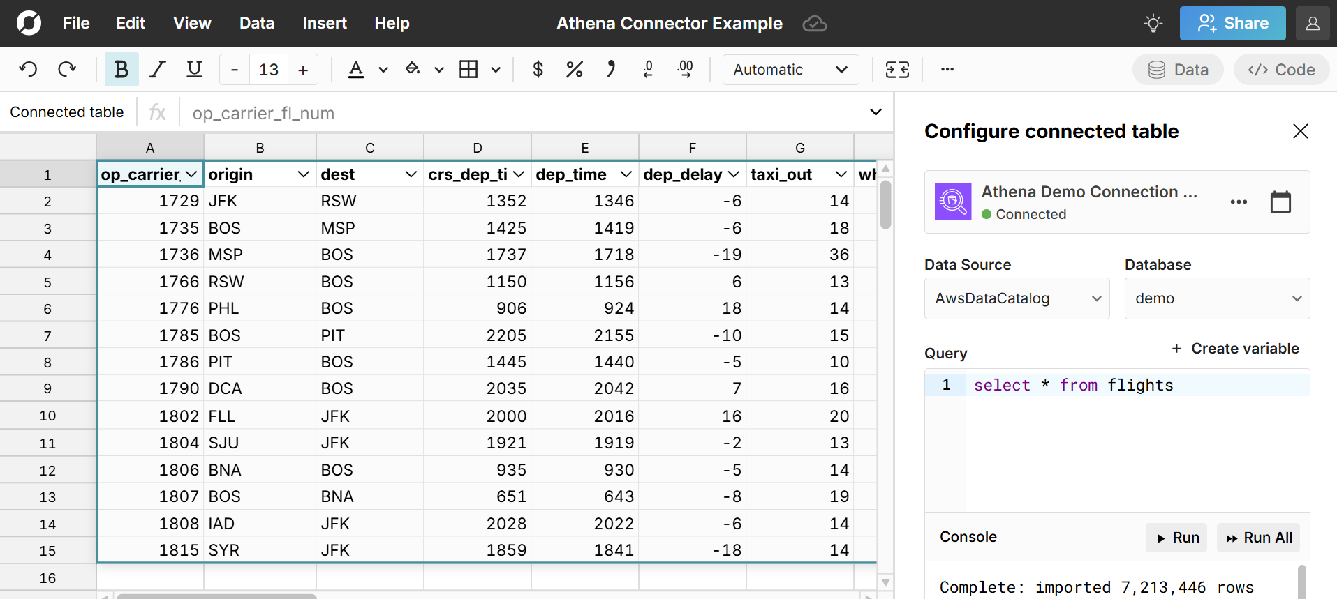 import athena to spreadsheet