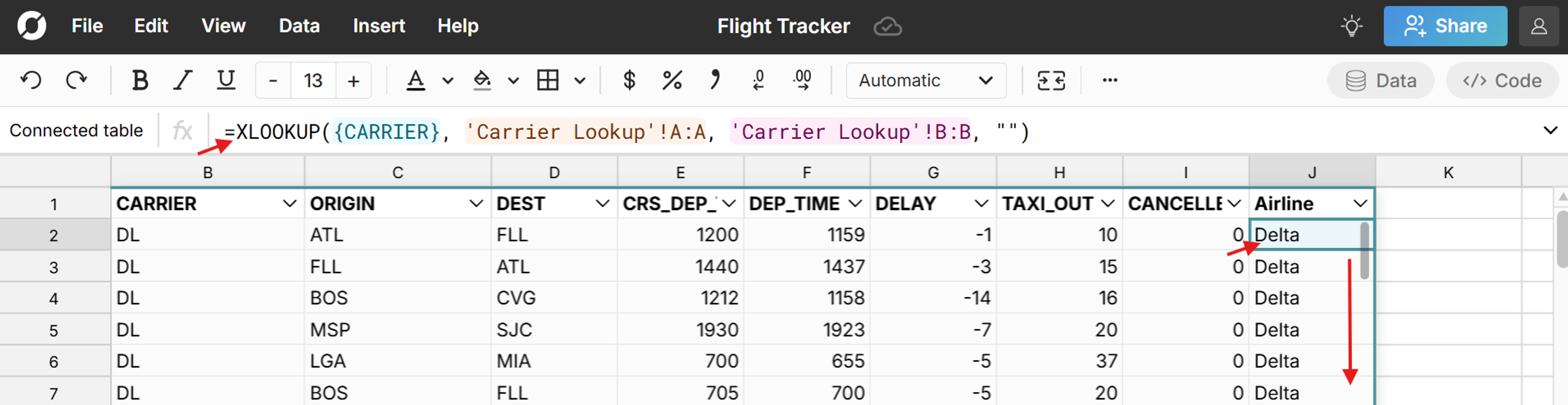calculated column in spreadsheet