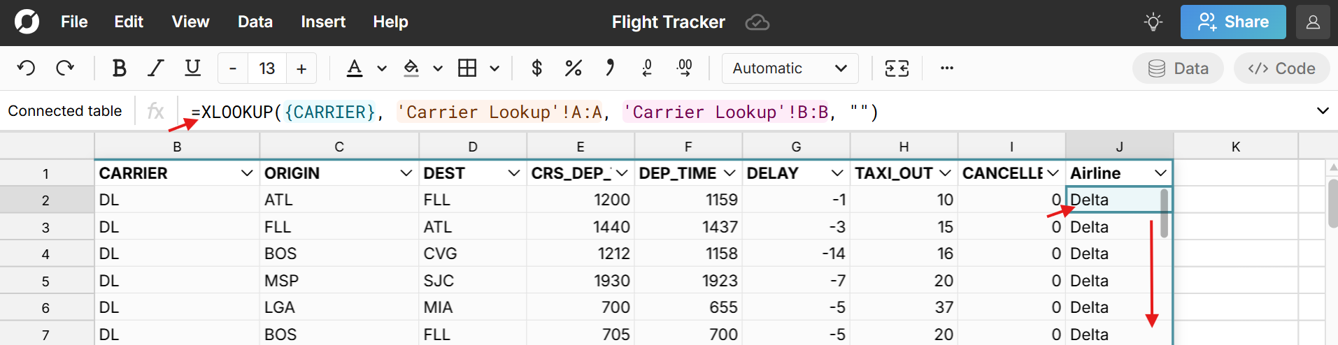calculated column in spreadsheet