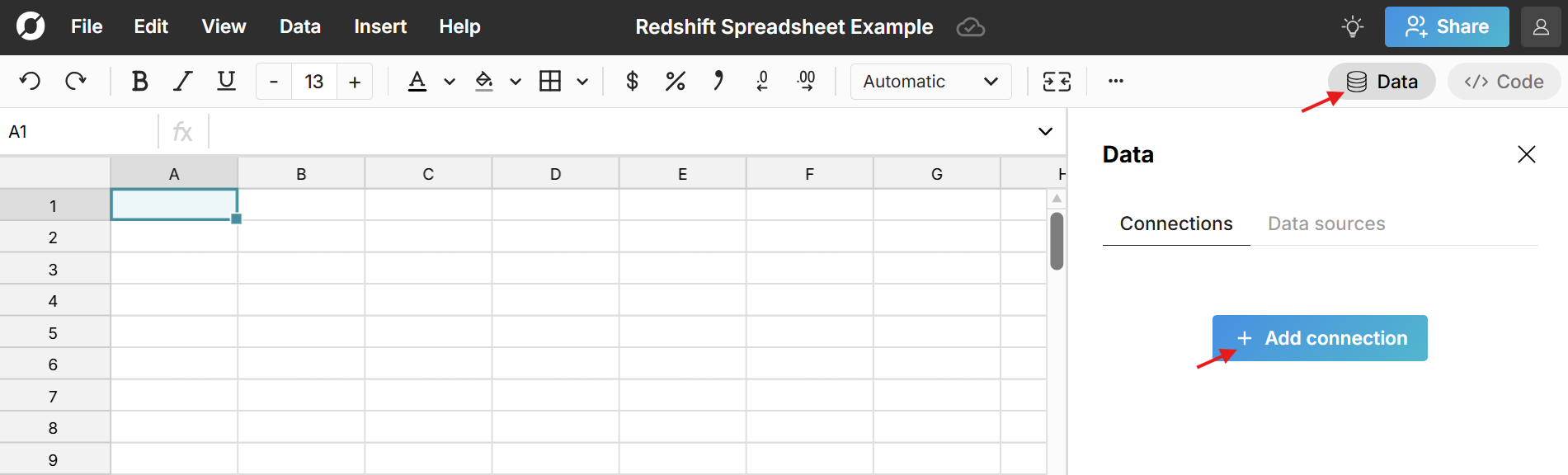 Redshift connector in spreadsheet