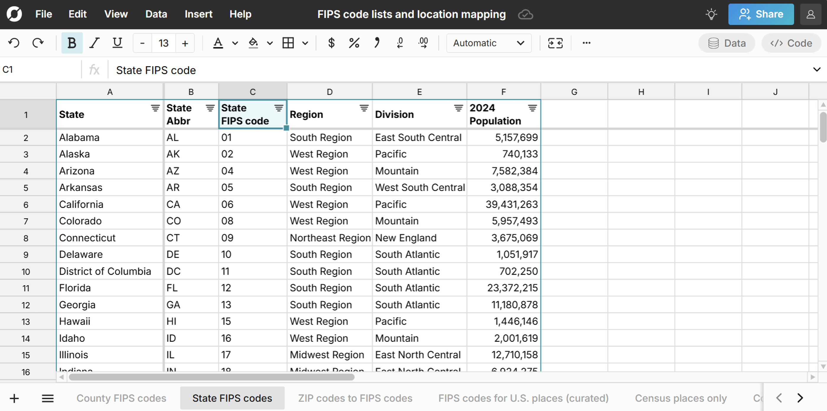 state FIPS code lookup in spreadsheet