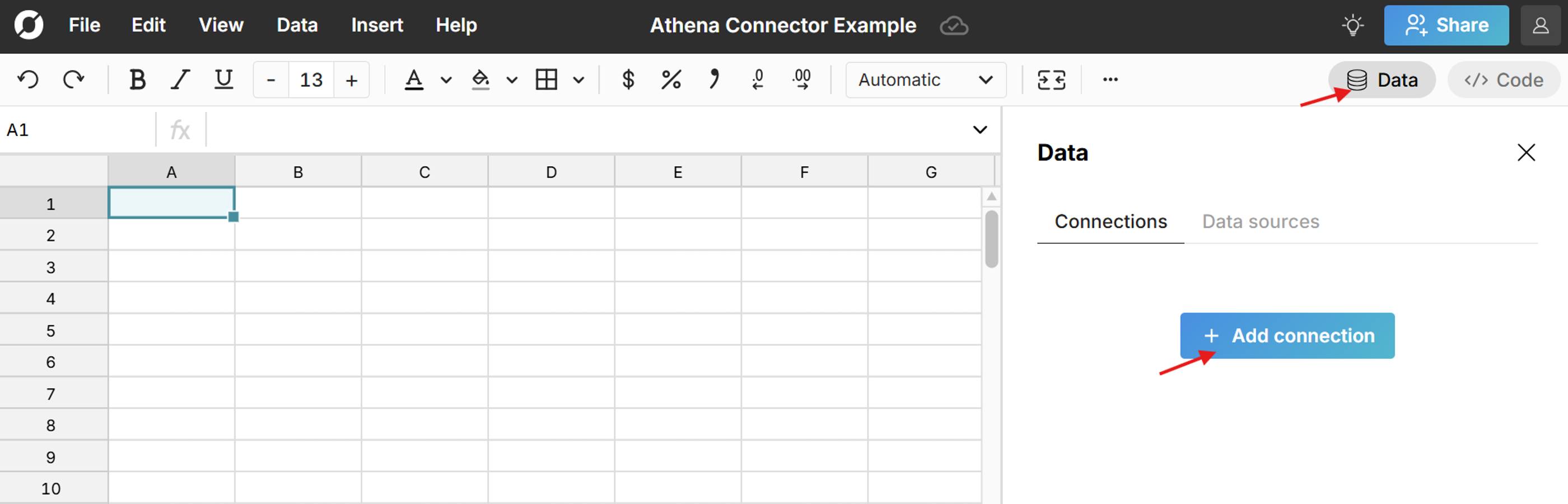 add athena connection to spreadsheet