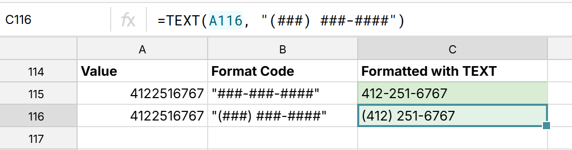 custom format phone numbers in spreadsheet