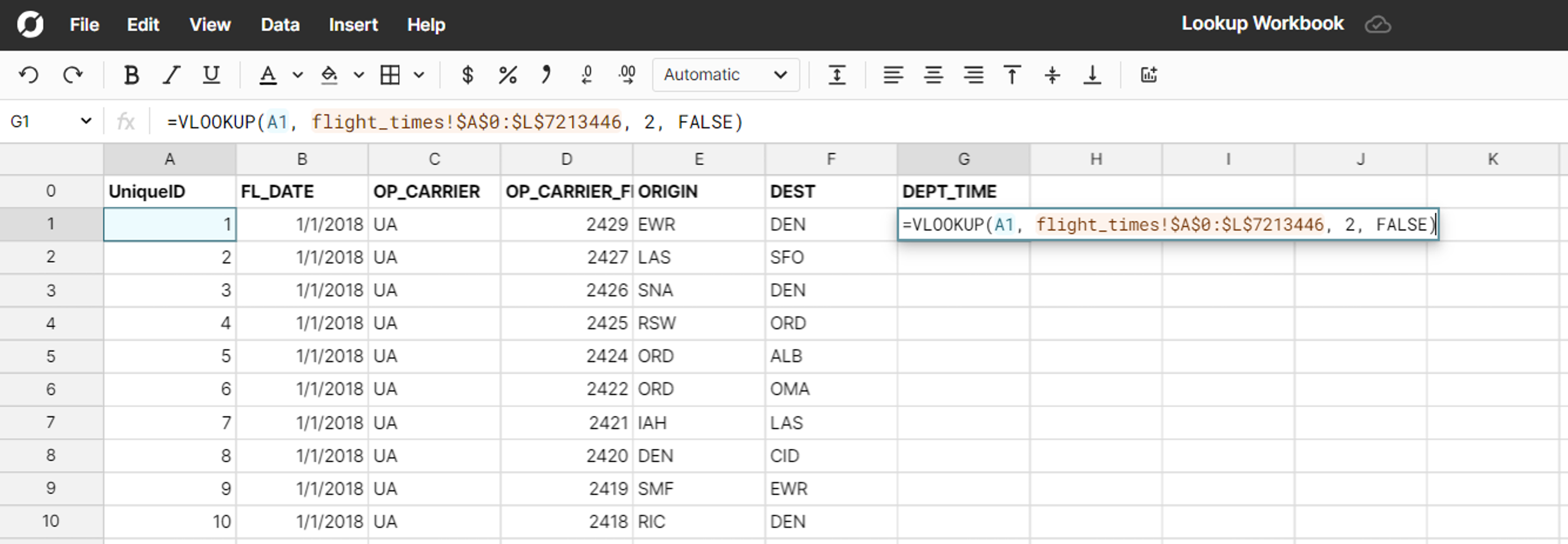 VLOOKUP example spreadsheet